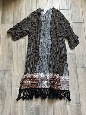 Flower Dot Fringe Open Kimono Cardigan - Black